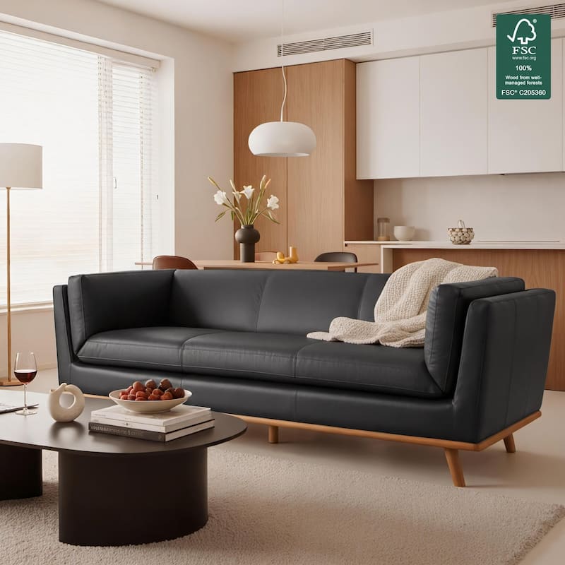 MCombo Napa Leather Couch, 88'' Leather Sofa, Full-Grain Leather Sofa for Solid Wood Accent, Vintage Italian Leather