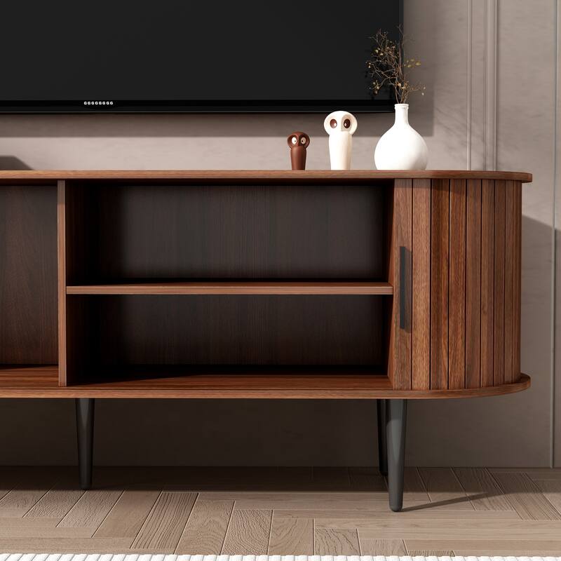 Modern TV Stand with Sliding Door, Wood Media Console Table with Fluted Design, Entertainment Center with Storage Cabinet