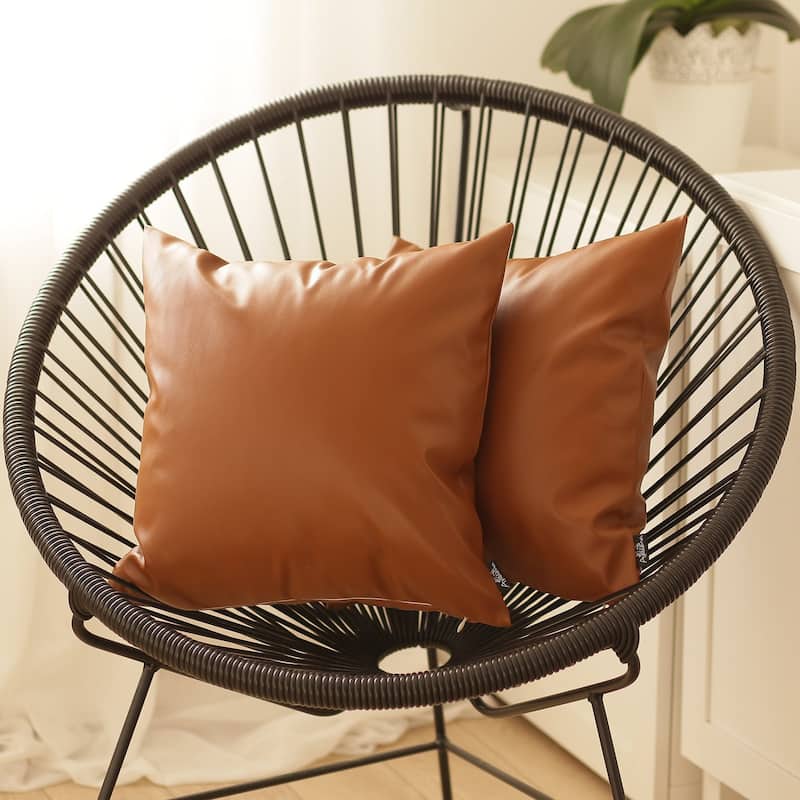 Decorative Faux Leather Solid Square Throw Pillow Cover (Set of 2) - 17x17 - Brown