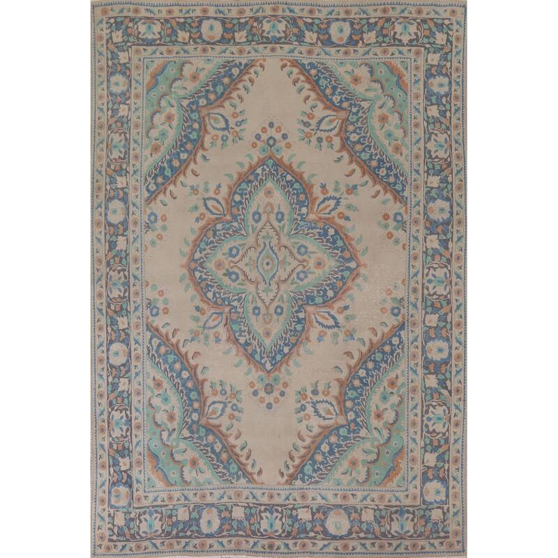 Hand Knotted Oriental 100% Wool Carpet Traditional Floral Beige & Ivories Tabriz Area Rug - 8' 8'' X 6' 5''