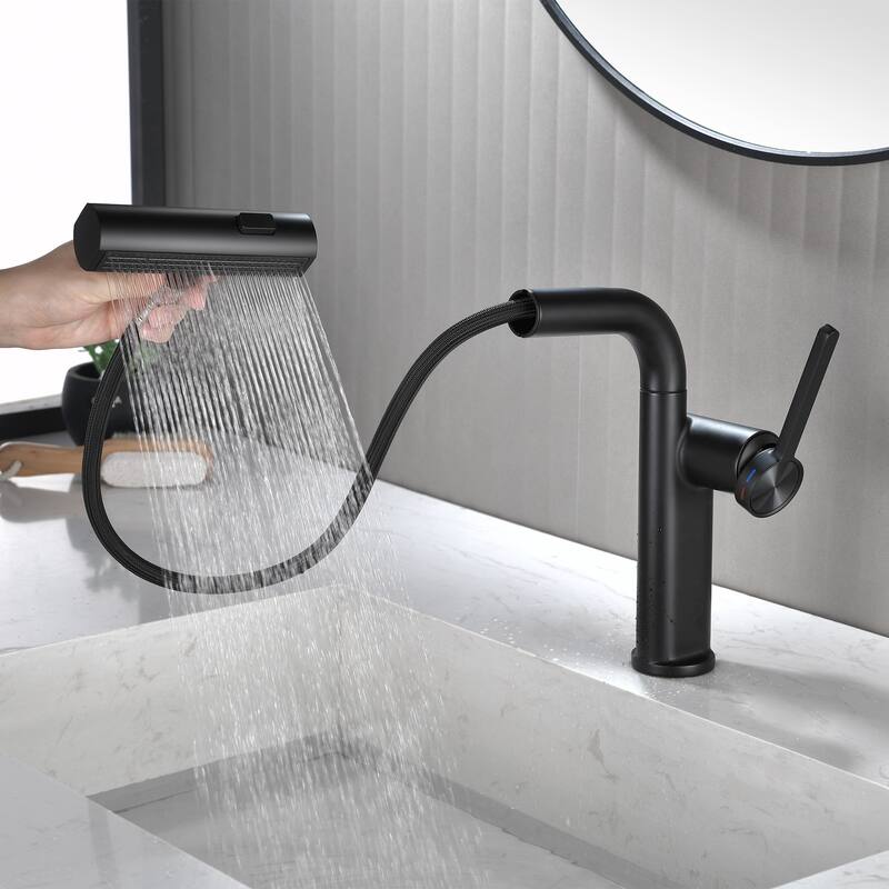 Modern 180 Degree Swivel Single Handle Bathroom Faucet with Pull Down Sprayer 3-Function Mode
