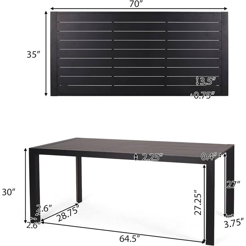 Roomfitters Outdoor Dining Set 7 Piece Aluminum Slat Table Rope Woven Chairs, Grey Black