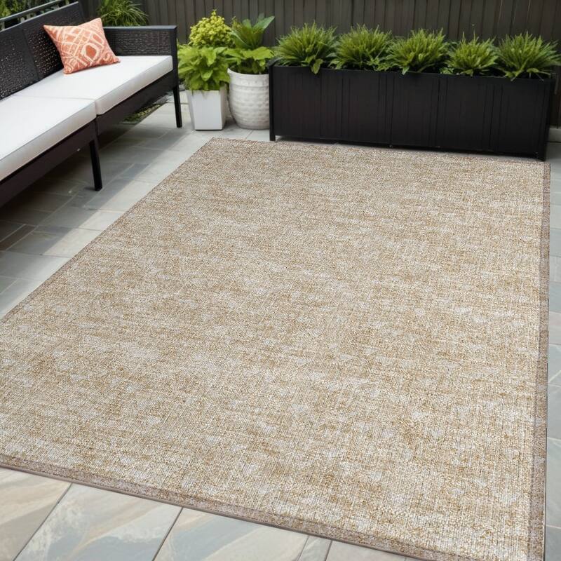 Hari Abstract Shapes Weather Resistant Classic Meets Modern Outdoor Rug - 5' X 8' - Tan