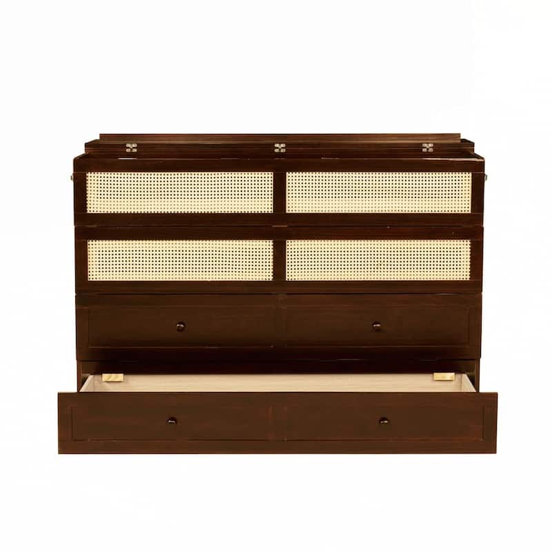 Pine Wood Cabinet Bed with Rattan Decoration and Storage Drawer