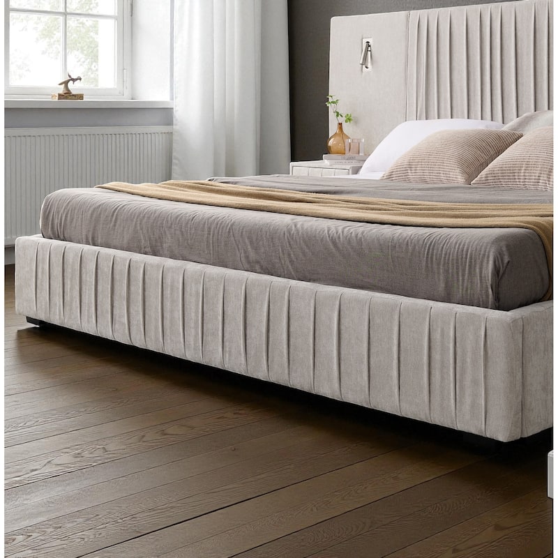 King Upholstered Platform Bed with Pleated Chenille Headboard, Built-in Bedside Table & Adjustable Lamps, No Box Spring