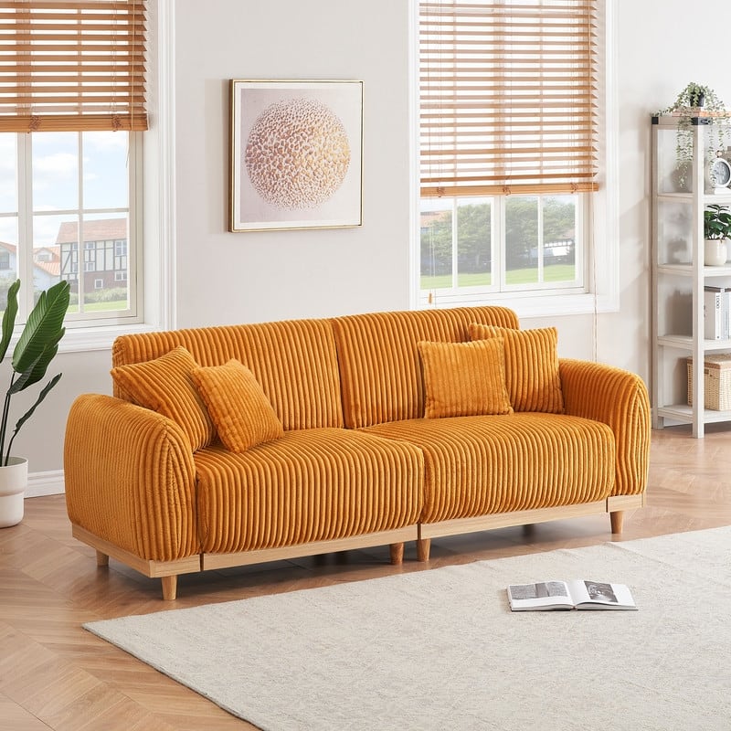 85" Modern Corduroy Loaf Sofa with Four Throw Pillows