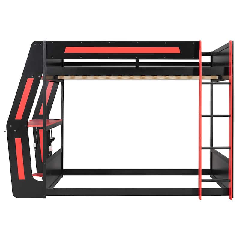 Esports Loft Bed Full Over Full Bunk Bed Frame with Side Mounted Desk, Light Strip, Charging Station and Cable Grommet