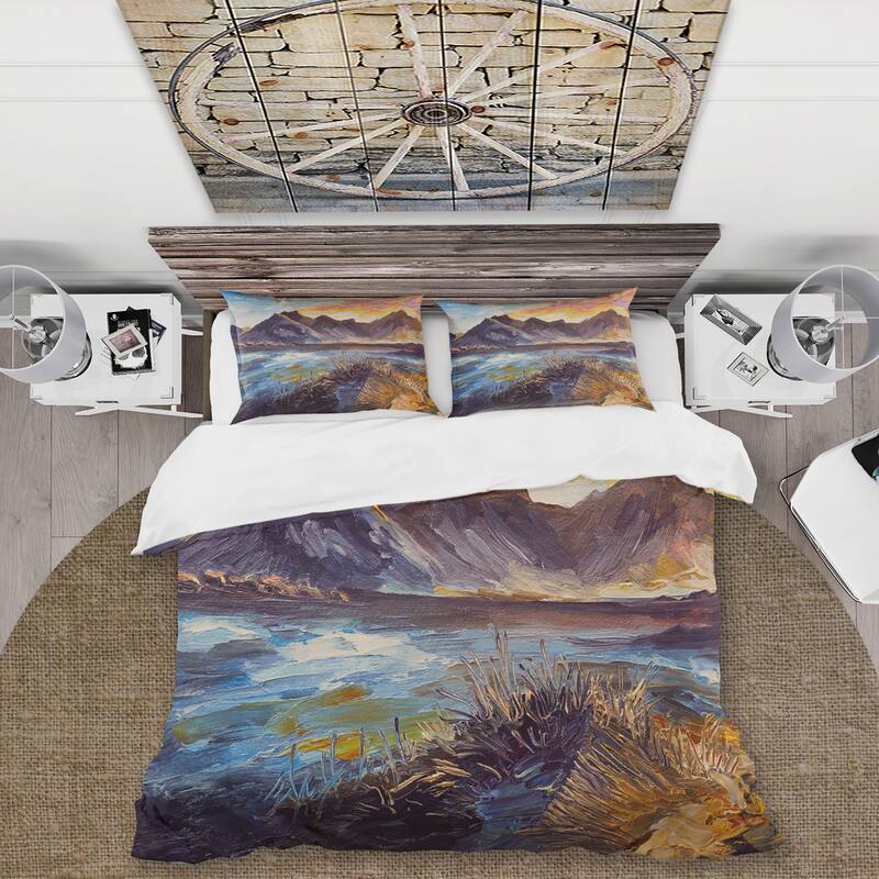 Designart 'Pink Sunset Over The Mountains By The Sea' Nautical & Coastal Duvet Cover Set