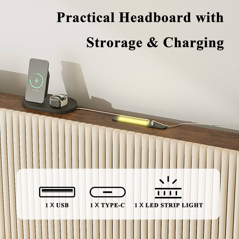 King Size Metal Platform Bed with Charging Station (2 USB Ports), Noise-Free Design, and No Box Spring Needed