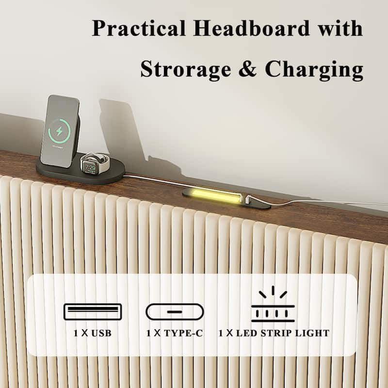 Upholstered Frame Bed Stripe Headboard Wingback Bed with Charging and Light Strip, No Box Spring Needed, Metal Slats Support