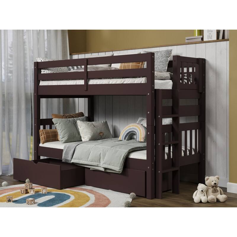 Taylor & Olive Trillium Twin over Twin Bunk Bed with Ladder, 2 Drawers - Dark Cherry