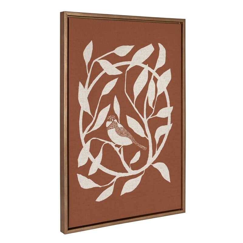 Kate and Laurel Sylvie HB Bird Branch Wreath Framed Canvas by Hannah Beisang - 23x33 - Gold