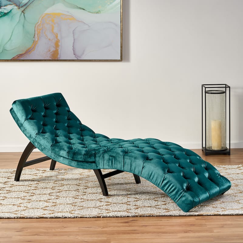 Roomfitters Tufted Velvet Chaise Lounge, Modern Recliner with Arched Back and Wooden Legs - Teal