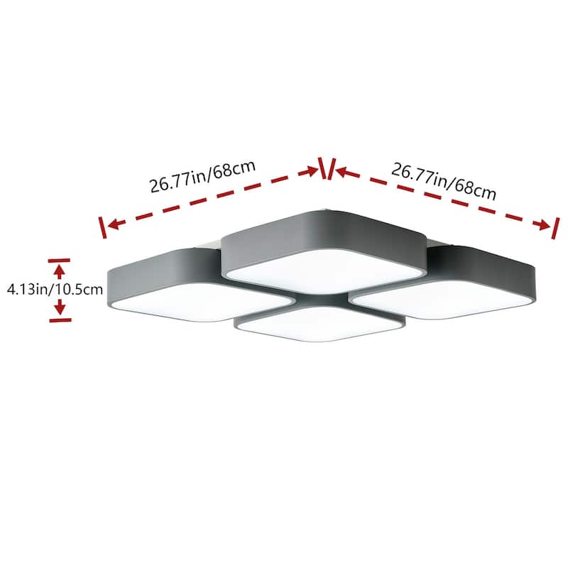 4-Light Efficient Dimmable Block Shape LED Flush Mount Lighting - 26.8"D×26.8"W×4.1"H