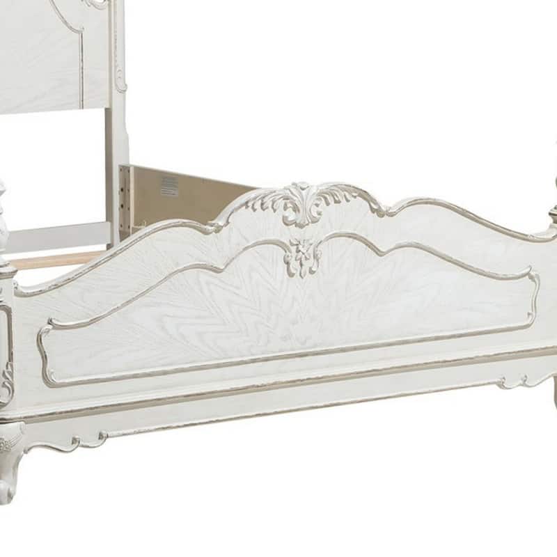 Princess Full Size Bed, Floral Motif Carvings, Finial Accents Antique White
