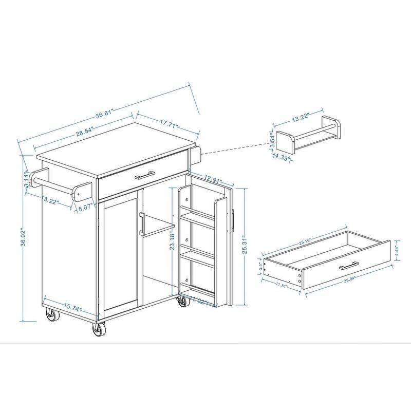White Farmhouse Kitchen Island Cart with Drawer, Adjustable Shelves & Wheels