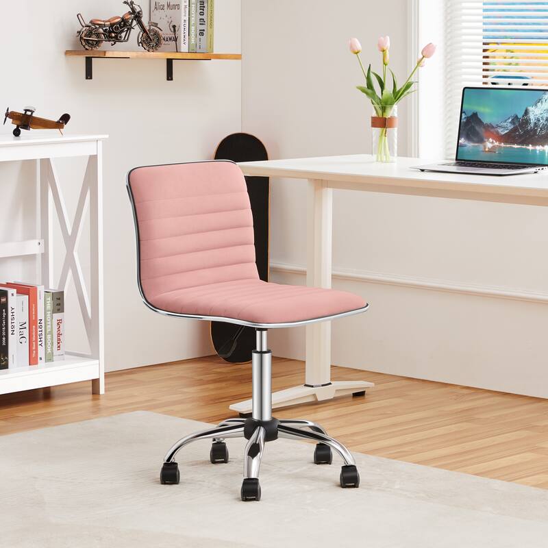 Yaheetech Velvet Low Back Armless Desk Chair Office Chair with Wheels - 19″ L × 19″ W × (31-37)″ H - Apricot Pink