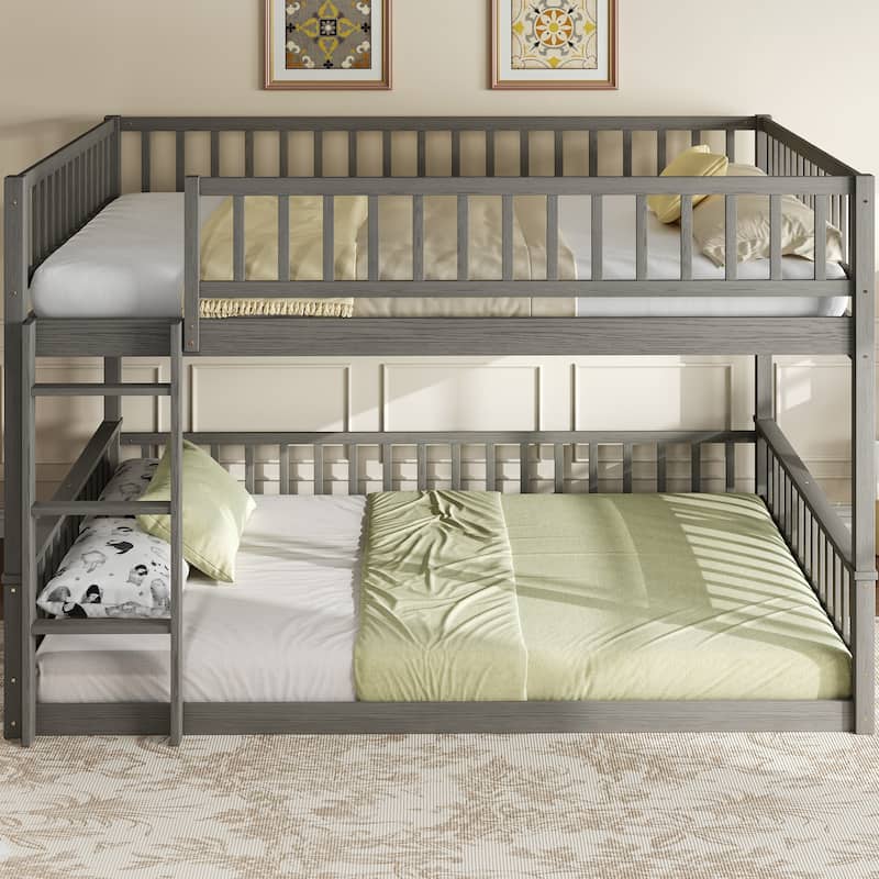 Bunk Bed Frame with Ladder and Guardrails, Detachable Design Wooden Bunk Bedframe into 2 Separate Platform Beds - Grey Queen over Queen - Queen