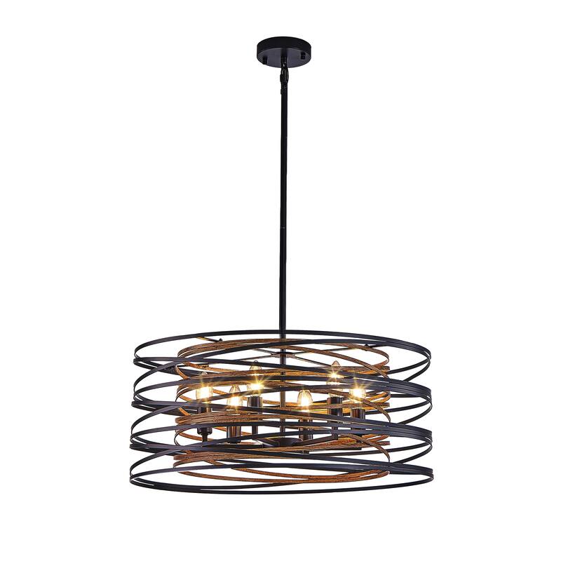 24" Rustic Industrial Pendant Light, 6-Light Black and Walnut Metal Cage Chandelier with Wood Accent