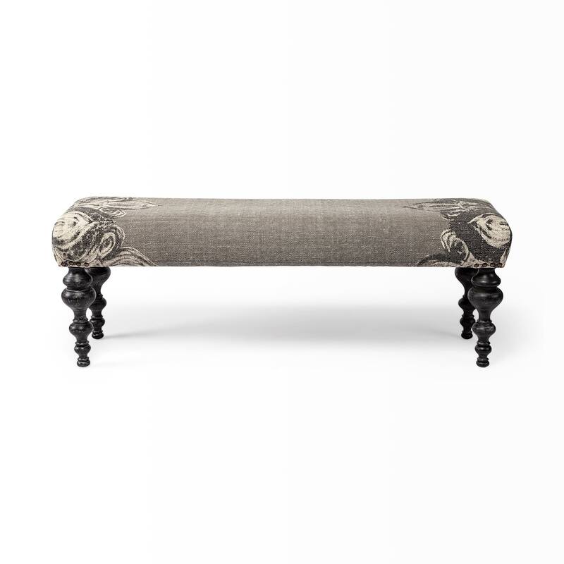 HomeRoots 55" Gray and Black Upholstered Cotton Blend Floral Distressed Bench - 55