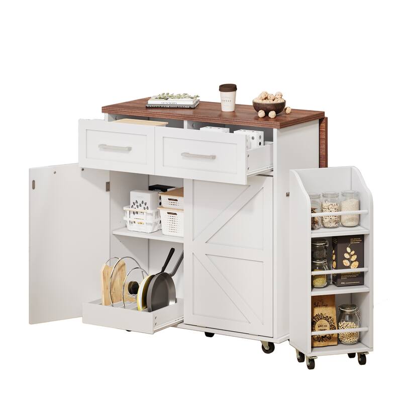 Farmhouse Rolling Kitchen Island Storage Cart on Wheels with Drop Leaf, Removable Side Spice Rack, 2 Drawers, Towel Rack