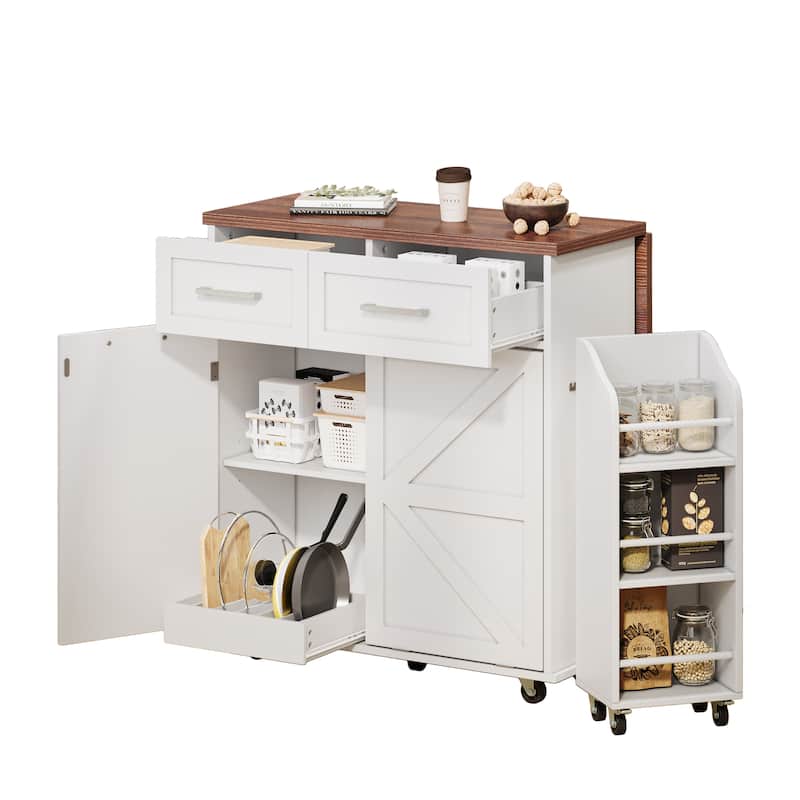 Kitchen Island with Drop Leaf, Kitchen Storage Cabinet with Removable Side Racks, Rolling Kitchen Cart with Towel Rack