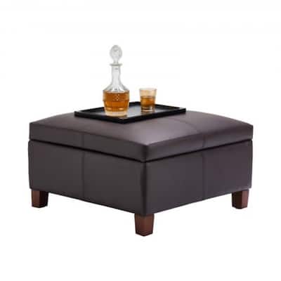 Dark Brown Square Leather Storage Ottoman Coffee Table with Tufted Cushion Child Friendly Hinges 250 lbs Capacity