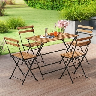 Gymax 5 PCS Patio Acacia Wood Dining Set w/ 4 Folding Chairs Slatted ...