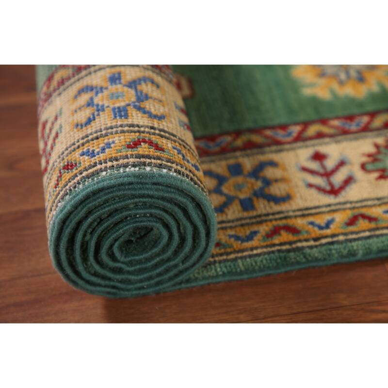 Traditional Green Kazak Runner Rug Hand-Knotted Wool Carpet - 2'8" x 16'4"