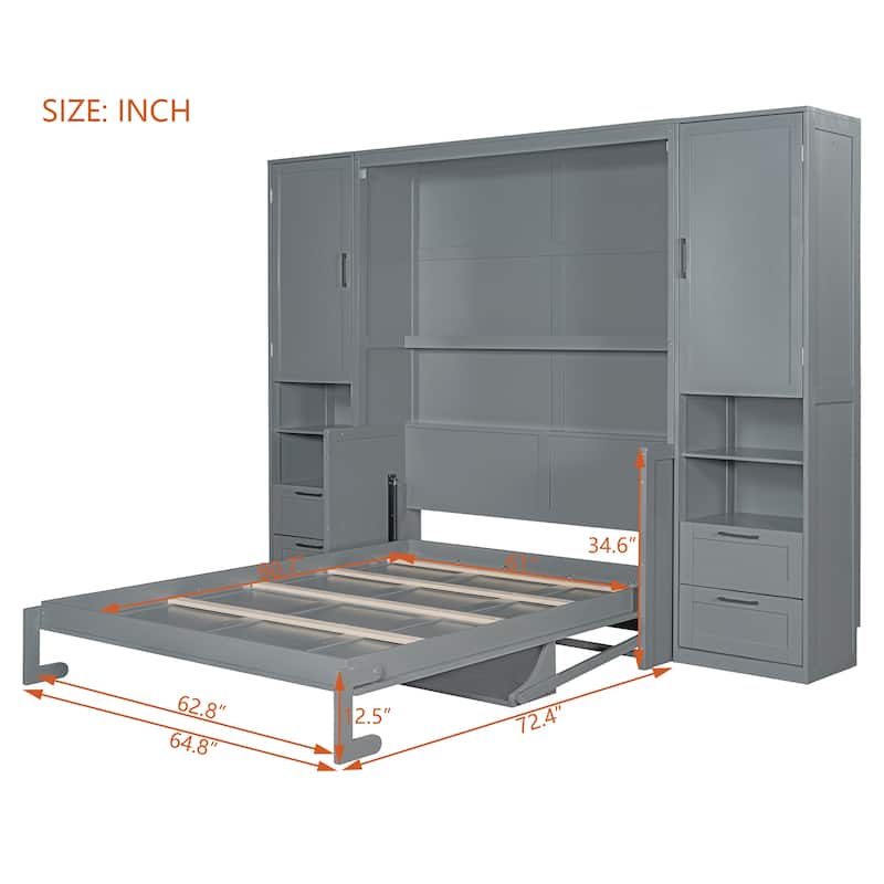 Full/Queen Size Horizontal Murphy Bed with Integrated Storage, Wood Wall Murphy Bed Frame with Closet, Drawers and Shelves