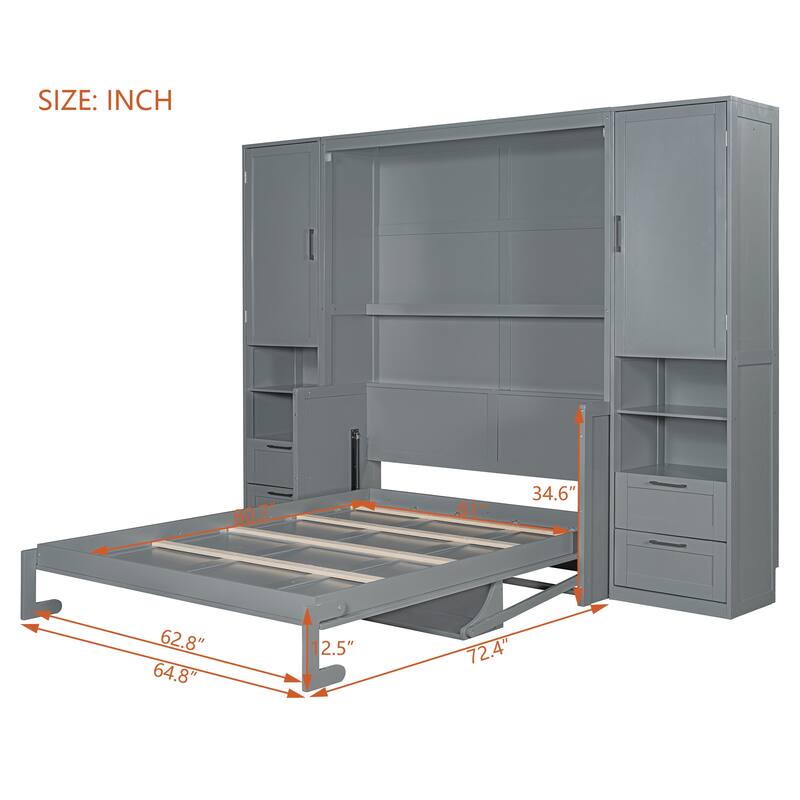 Queen Size Murphy Bed Hidden Wall Bed with Both Sides Closet Drawers and Storage Shelves, Space-Saving Versatile Murphy Bed