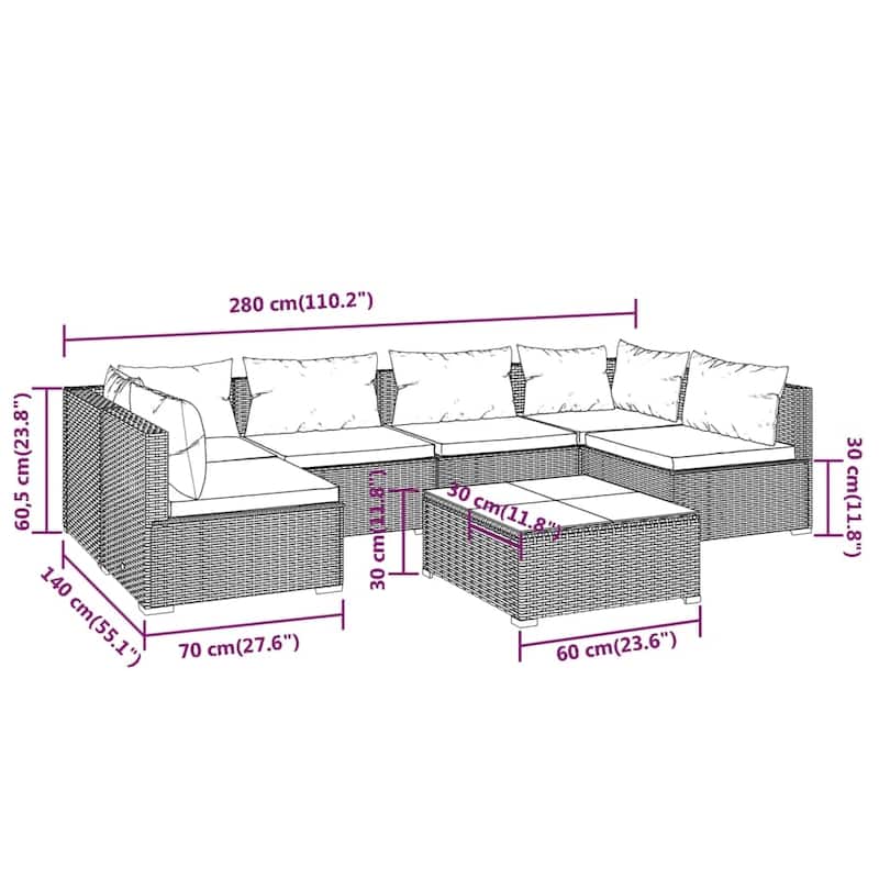 vidaXL Patio Lounge Set Outdoor Sectional Sofa Set Table Garden Poly Rattan - 27.6" x 27.6" x 23.8"