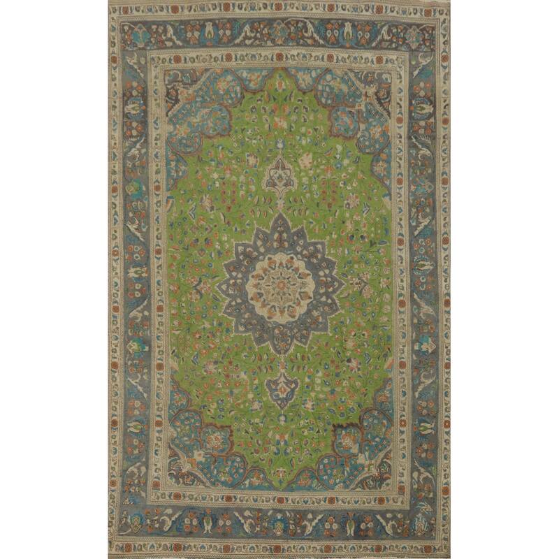 Hand Knotted Oriental 100% Wool Carpet Traditional Medallion Green Tabriz Area Rug - 9' 10'' X 6' 5''