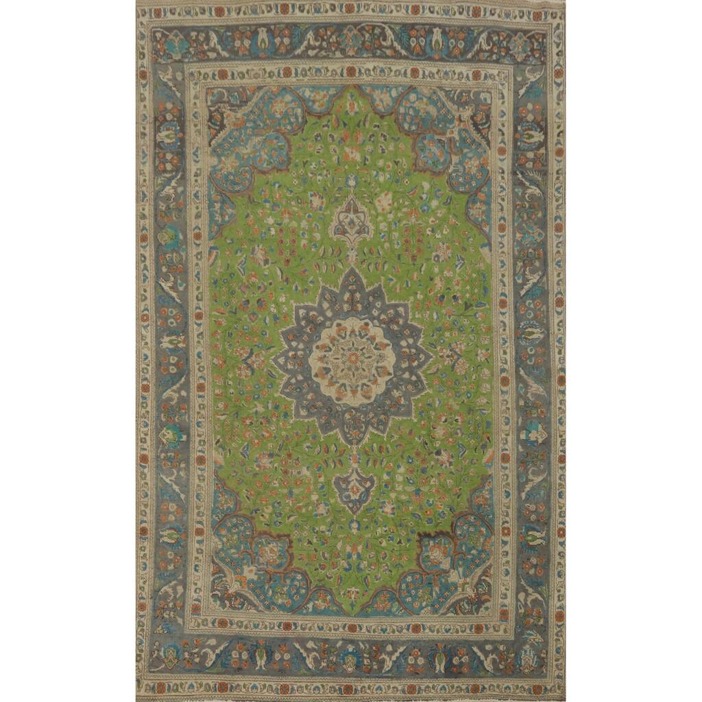 Hand Knotted Oriental 100% Wool Carpet Traditional Medallion Green Tabriz Area Rug - 9' 10'' X 6' 5''