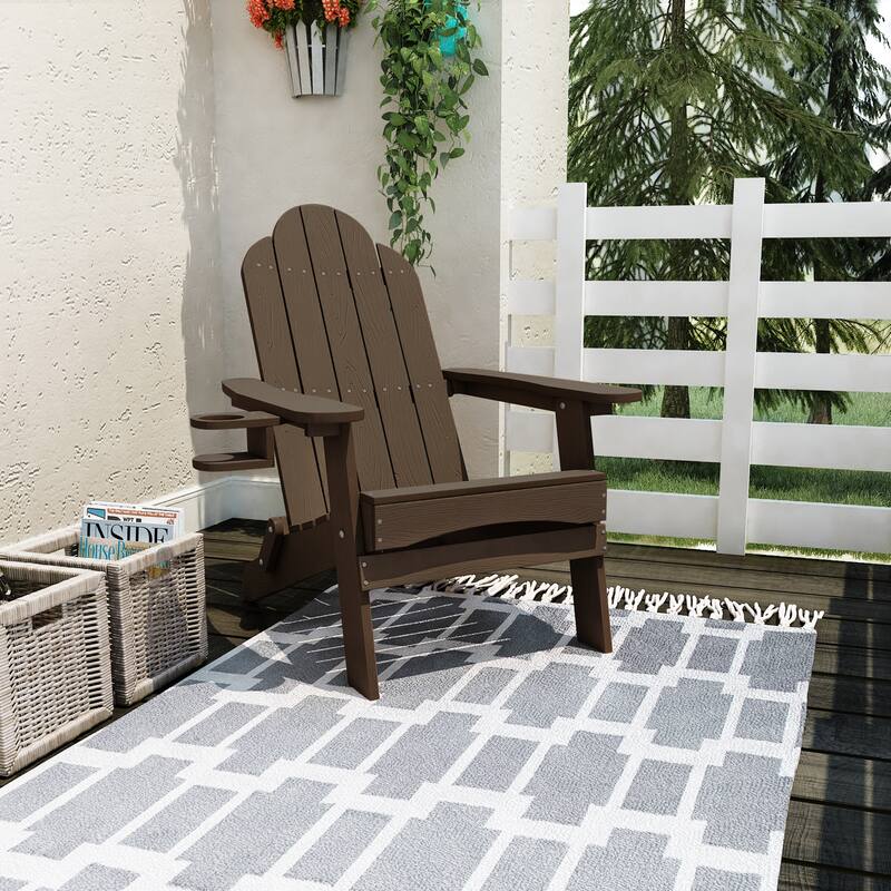 All-Weather Folding Plastic Outdoor Patio Adirondack Chairs With Cup Holder Set of 2 - 35"D x 30"W x 36.2"H