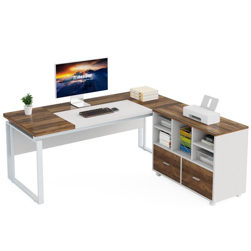 63" L-Shaped Executive Desk with Reversible File Cabinet Office Desk with Storage Drawers