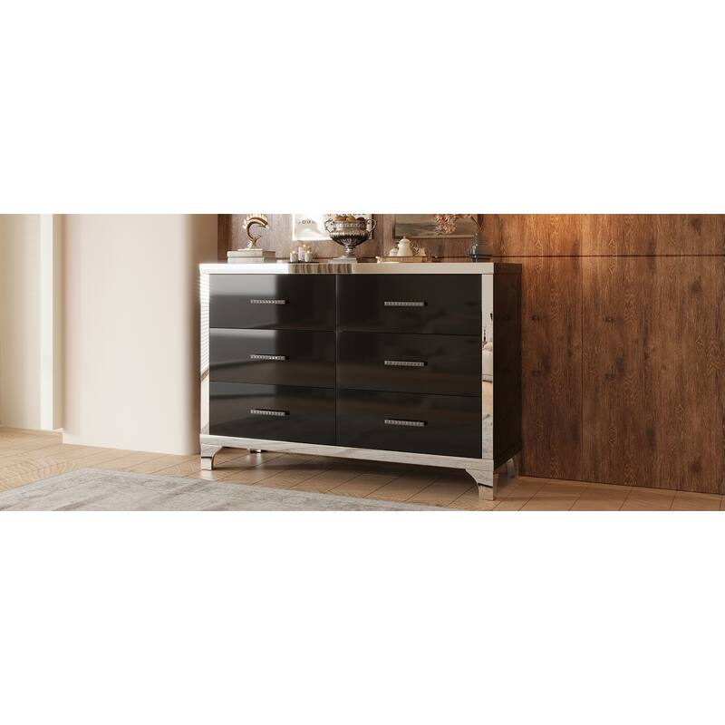 Elegant High Gloss Dresser with Metal Handle,Mirrored Storage Cabinet with 6 Drawers for Bedroom