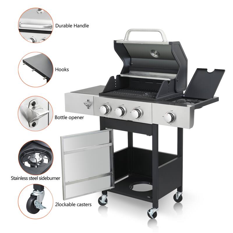 3-Burner Propane Gas BBQ Grill with Side Burner with Enameled Cast Iron Cooking Grids For Outdoor Barbecue, Stainless Steel