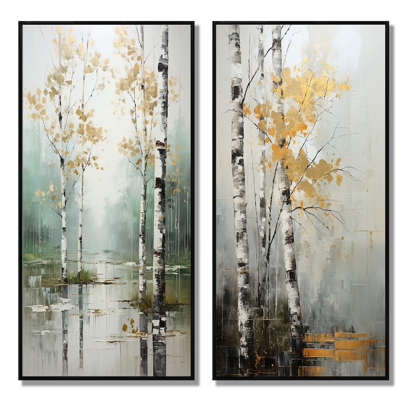 Designart "Birch Woods Ethereal Elegance" Tree Birch Framed Wall Art Set Of 2 - Blue Wall Art Set Of 2