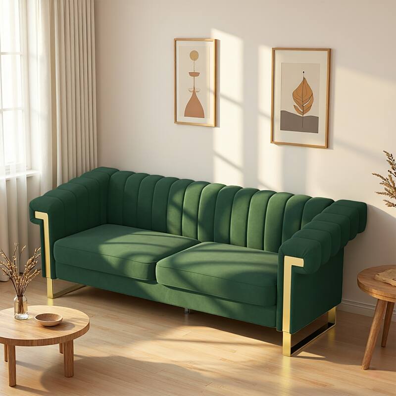 Velvet Sofa Couch for Living Room, Modern Loveseat Couch with Gold Accents, Apartment Chesterfield Sofa
