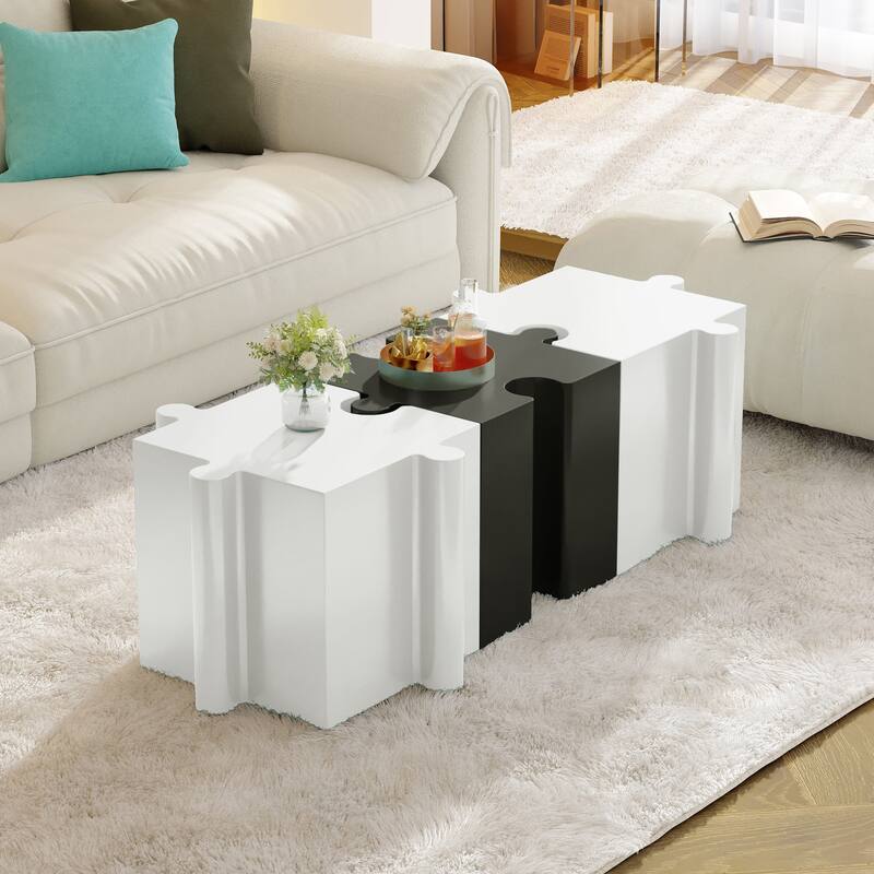 Christopher Knight Home - Ami Puzzle Art Modern 3-Piece Modular Outdoor Side Table Set with Interlocking Design - White-Black-White