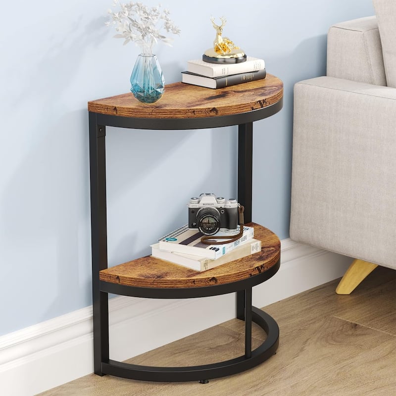 Half Round End Table with Storage, Small Wood Side Table for Living Room - Brown