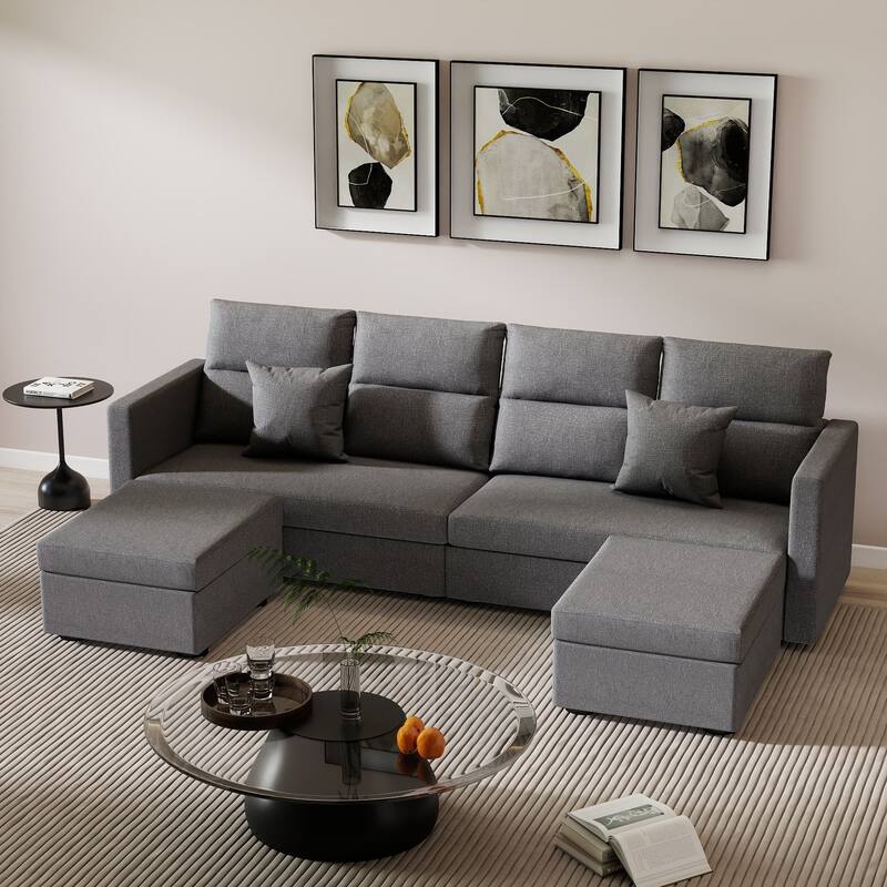 Grey Modular Sectional Sofa with Pillows for Living Room