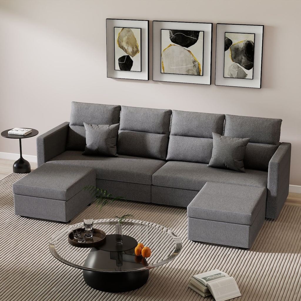 Grey Modular Sectional Sofa with Pillows for Living Room