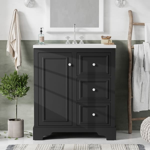 18 Inch Black Bathroom Vanity With Ceramic Sink – Solid Wood & MDF Freestanding Cabinet, Soft-Close Drawer & Door, Built-In Organizer, Rectangular Basin, Single Hole Faucet Ready