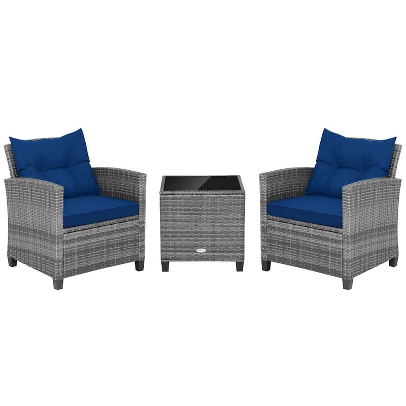 3PCS Patio Rattan Furniture Bistro Set Cushioned Sofas Side Table - Navy