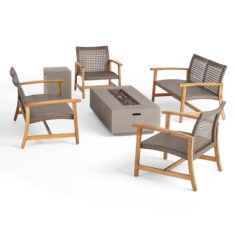 Augusta Outdoor Acacia Wood and Wicker 6 Seater Chat Set with Fire Pit by Christopher Knight Home