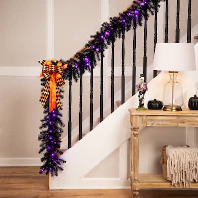Pre-Lit Black Crystal Pine Artificial Halloween Garland - 9' x 12" - LED Purple
