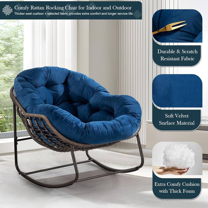 Outdoor Rattan Rocker Recliner Chair With Polyester Padded Cushion