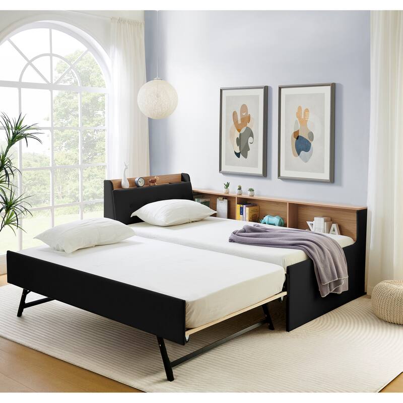 Twin Size Velvet Daybed with LED Light and Lift Up Trundle, Button Tufted Headboard with Wireless Charging and Storage